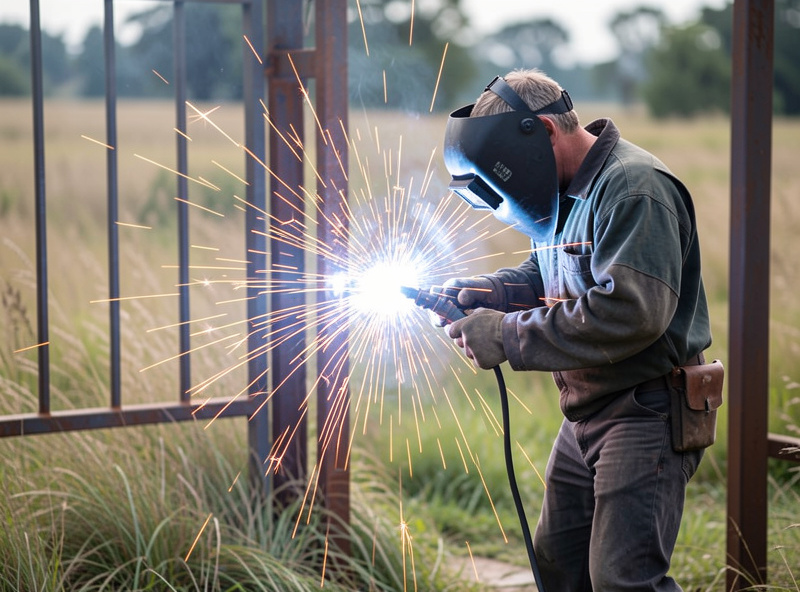Welder running a flux-core bead outdoors on a steel gate frame with wind moving nearby grass