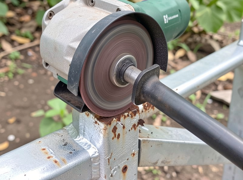Angle grinder cleaning rust and mill scale off a steel joint to bright metal before outdoor welding
