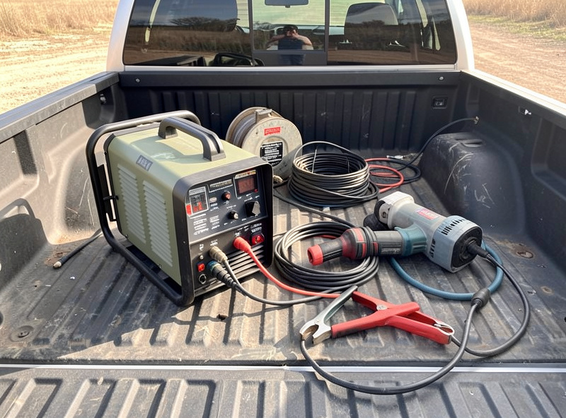 Portable flux-core welding setup in a truck bed with inverter, wire spool, grinder and clamps ready for a field job