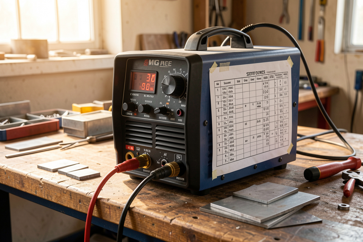 Welding workbench with a MIG inverter, steel test coupons and a flux-core settings chart taped to the machine