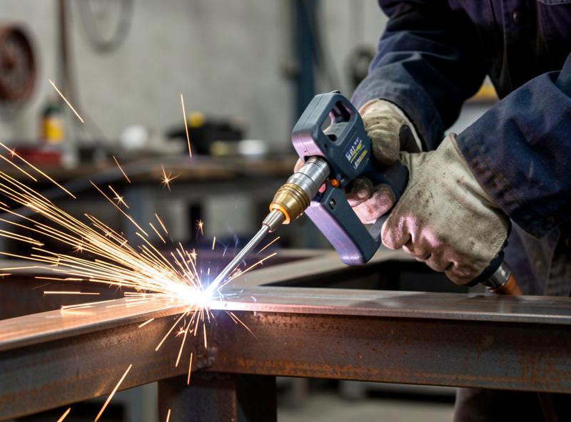 Welder demonstrating long electrode stickout on a flux-core MIG gun over a steel joint