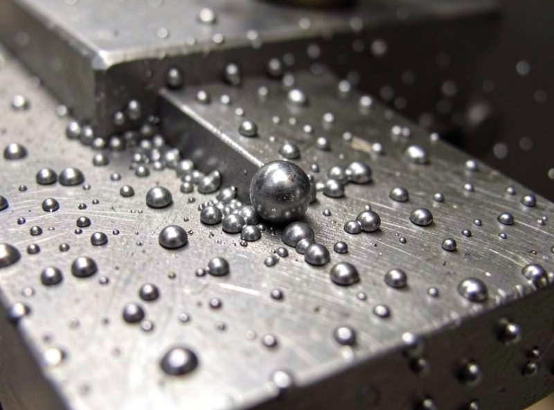Steel workpiece and welding bench covered in flux-core spatter droplets around a bead