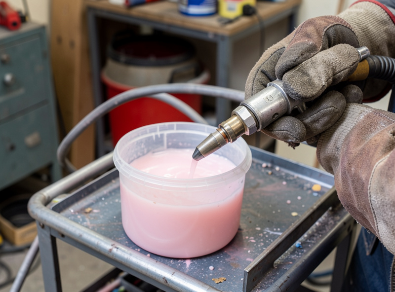 Welder dipping a MIG gun nozzle into a tub of anti-spatter gel on the welding cart