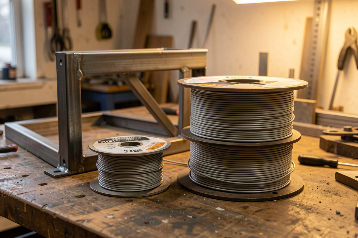 A small 2-pound spool of MIG wire beside a large 11-pound spool with a steel frame behind