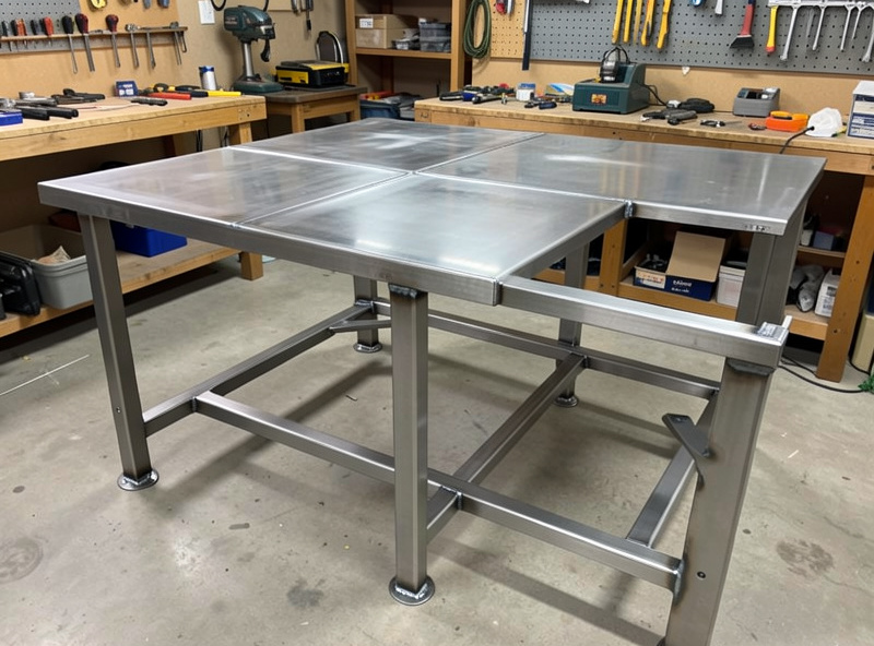 A finished welded steel workbench frame in a home workshop with clean fillet welds