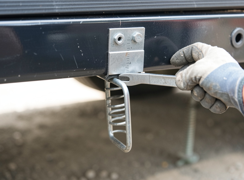 A steel spring perch tacked to a trailer frame rail with a machinist square held against it to check vertical