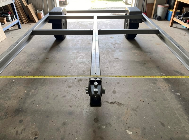 A string line stretched across a trailer frame and axle to check the axle is square and centered
