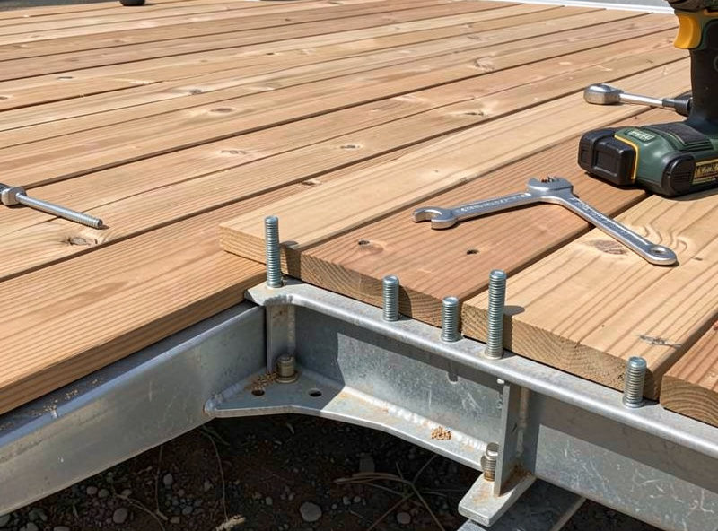 Pressure-treated wood deck boards being bolted to a steel trailer frame with carriage bolts
