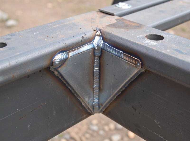 A triangular steel gusset plate welded into the inside corner of a trailer frame joint