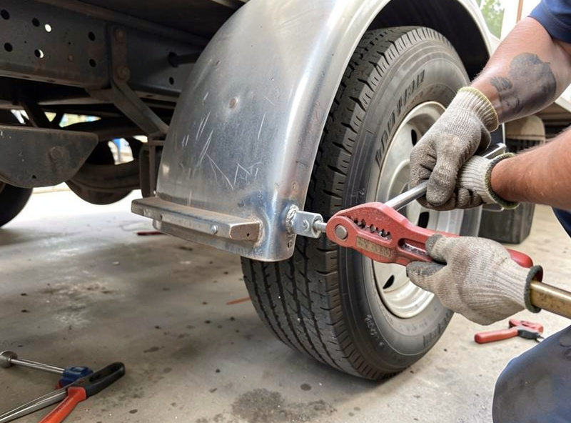 A steel trailer fender clamped in position over a tire to check clearance before welding