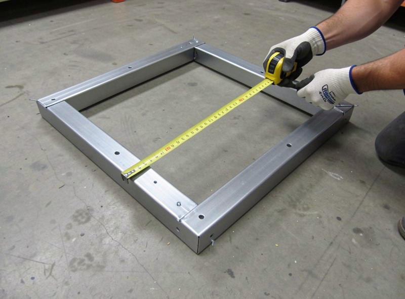 Gloved hands checking a tacked steel trailer frame is square by measuring corner to corner with a tape