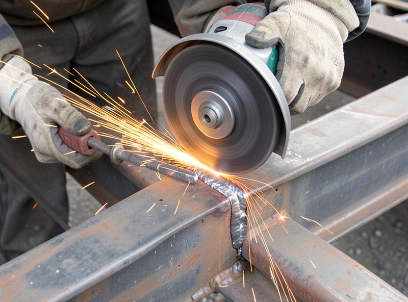 An angle grinder cutting a V-groove along a crack in a steel trailer frame member