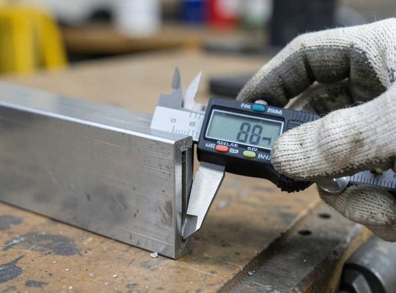 A digital caliper measuring the wall thickness at the cut end of a rectangular steel tube