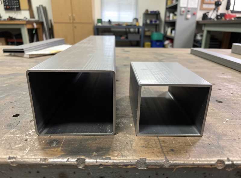 Two cut cross-sections of steel tube side by side showing the wall thickness difference between 2x3 and 2x2
