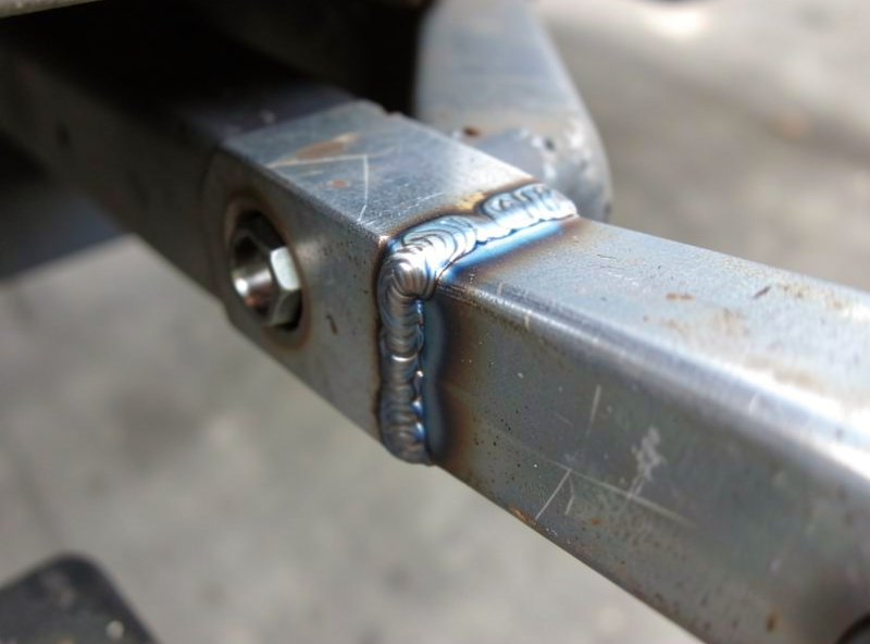 Close-up of a trailer coupler welded to a square steel tongue with strong multi-pass MIG welds