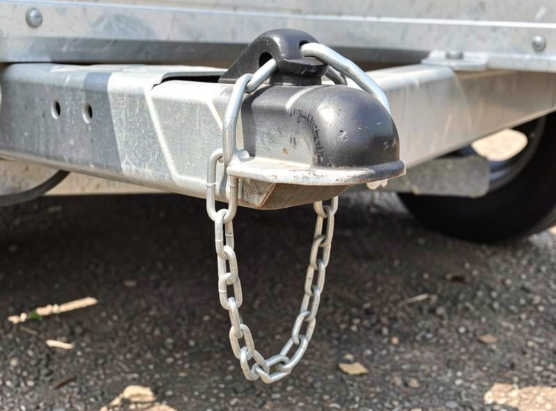 A trailer coupler latched onto a tow ball with crossed safety chains hanging below
