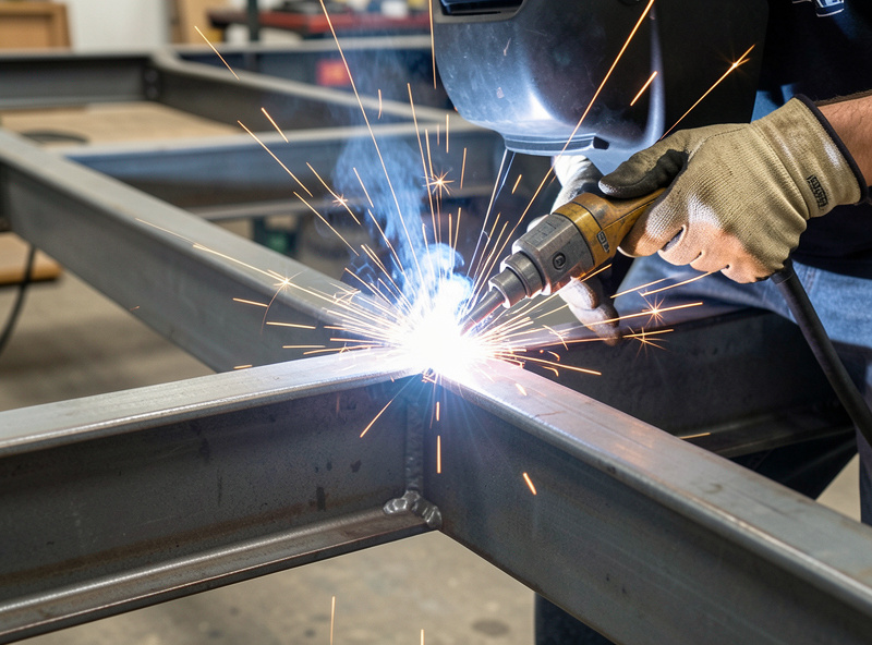 Home welder MIG welding a crossmember joint on a square-tube trailer frame with sparks flying