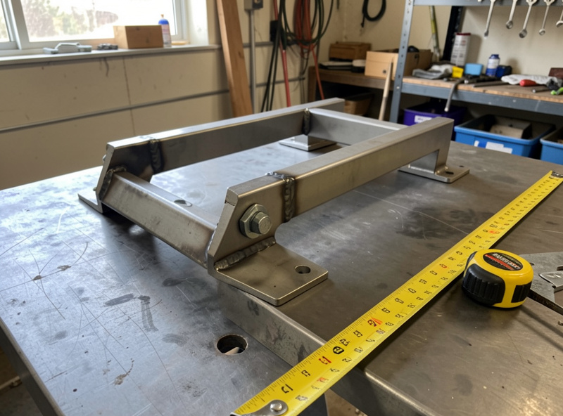 Welded steel trailer tongue A-frame with a bolt-on coupler clamped to a welding table beside a square