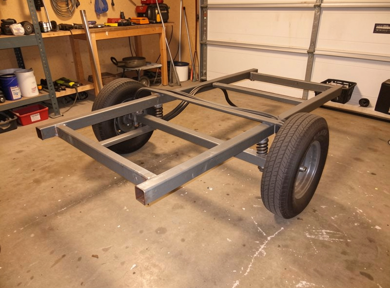 Finished single-axle utility trailer frame with axle mounted on welded spring perches and leaf springs on a shop floor