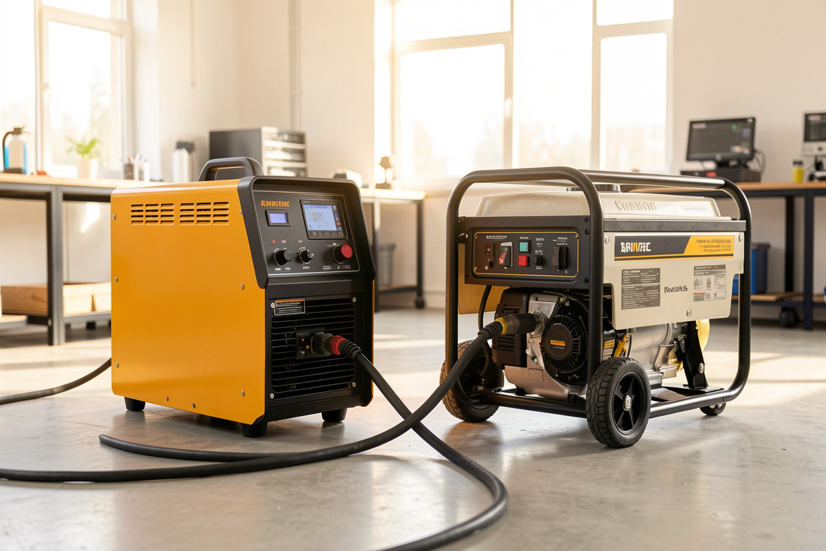 A modern inverter welder connected by cable to a compact inverter generator in a clean workshop