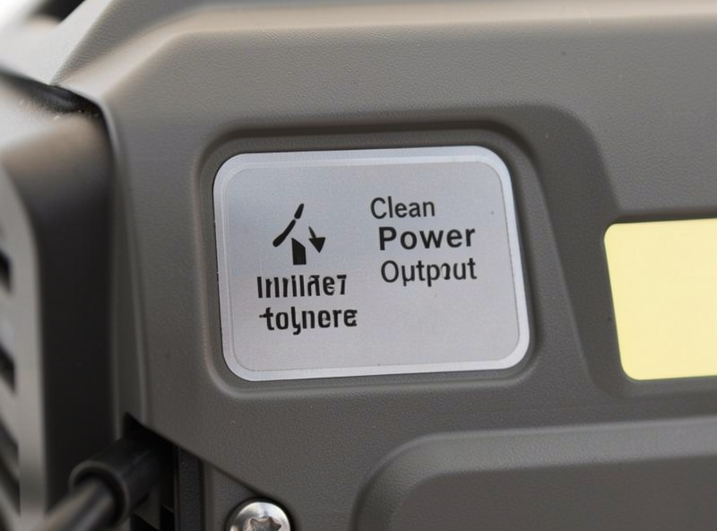 Close-up of an inverter generator control label emphasizing clean power output