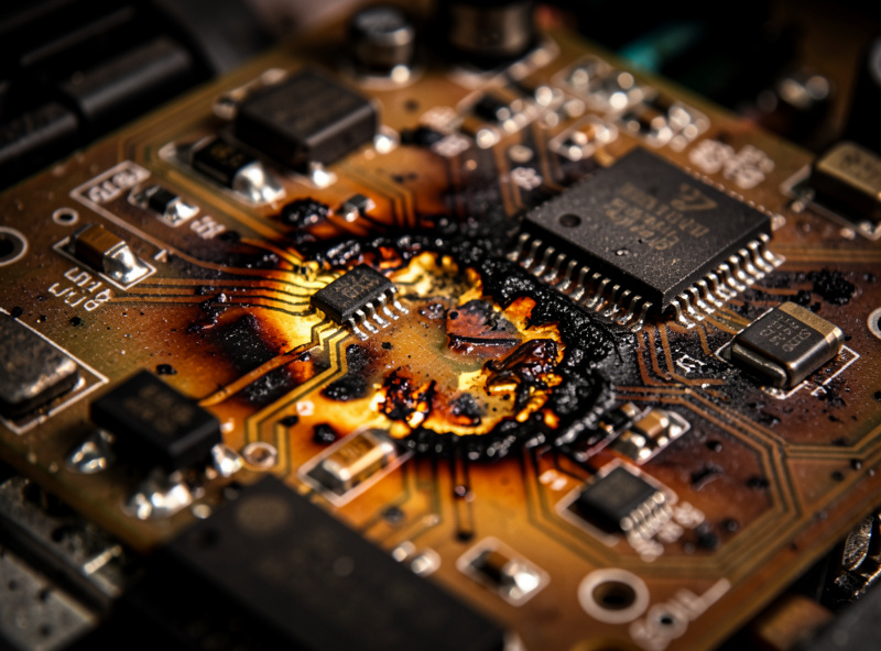A scorched, burnt electronic circuit board from a damaged welding machine