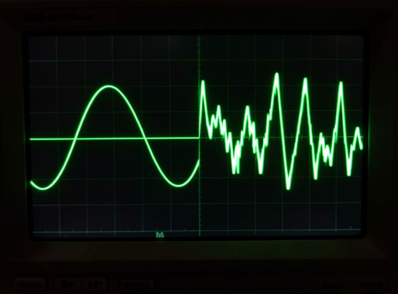 An oscilloscope showing a clean sine wave beside a jagged distorted waveform
