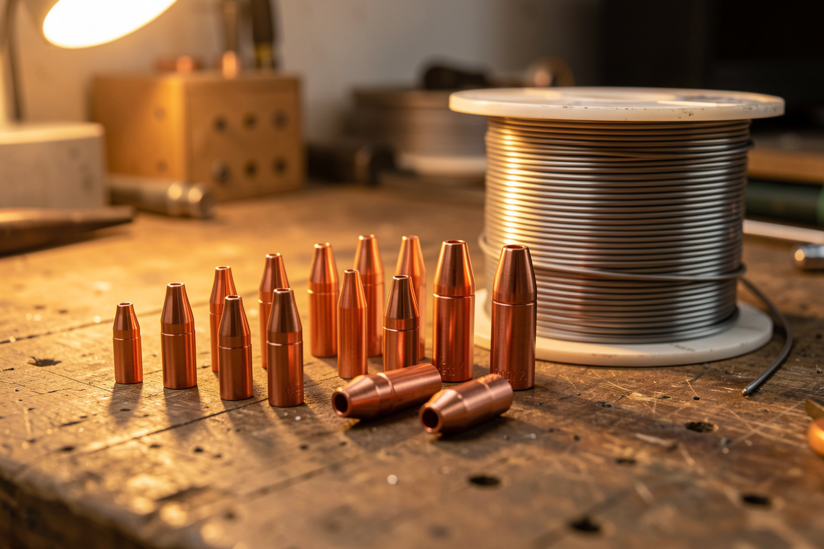 Assortment of copper MIG contact tips in several sizes next to a spool of wire
