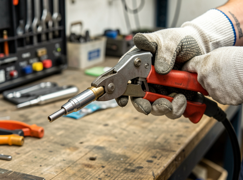 Gloved hand using pliers to change a contact tip on a MIG welding gun