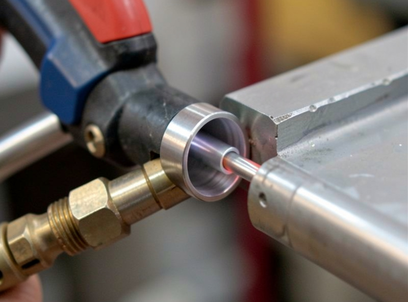Close-up of a steel liner being fed into the back of a MIG welding gun