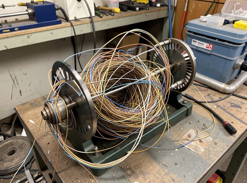 A tangled birdnest of MIG welding wire jammed at the drive rolls of an open wire feeder
