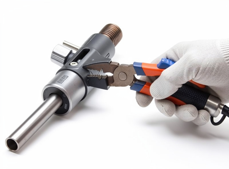 A gloved hand trimming a MIG gun liner to length with side cutters at the front of the gun