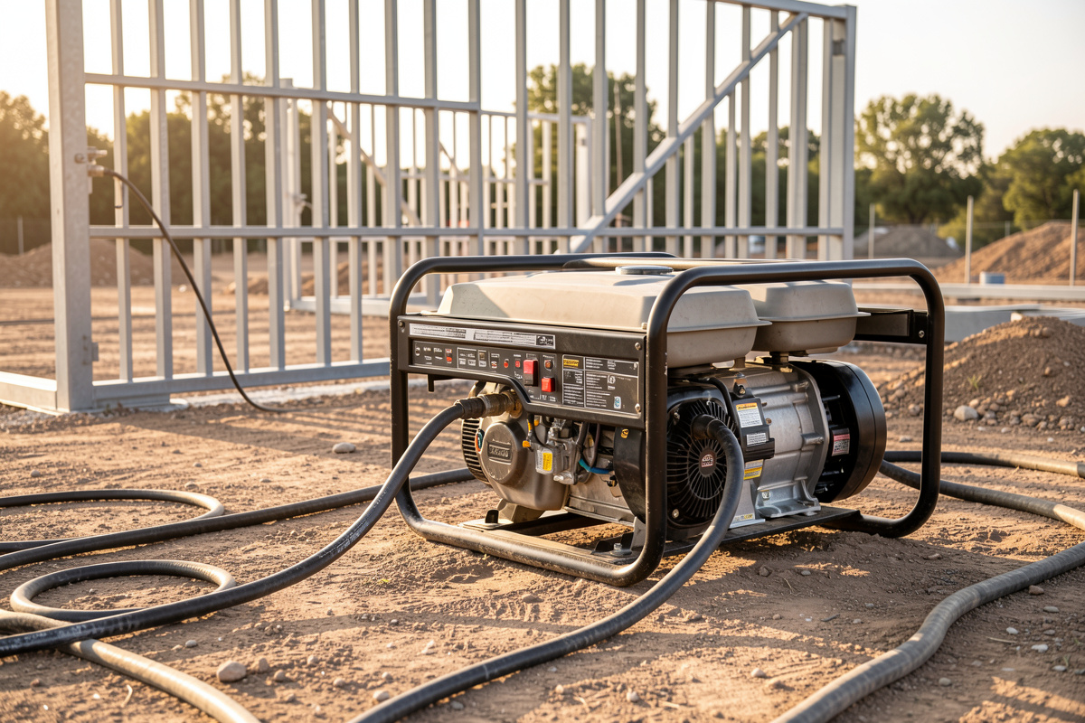 A portable generator powering a welder on an outdoor job site with a steel gate being built