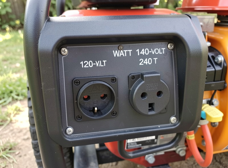Close-up of a portable generator control panel showing wattage rating and 120V and 240V outlets