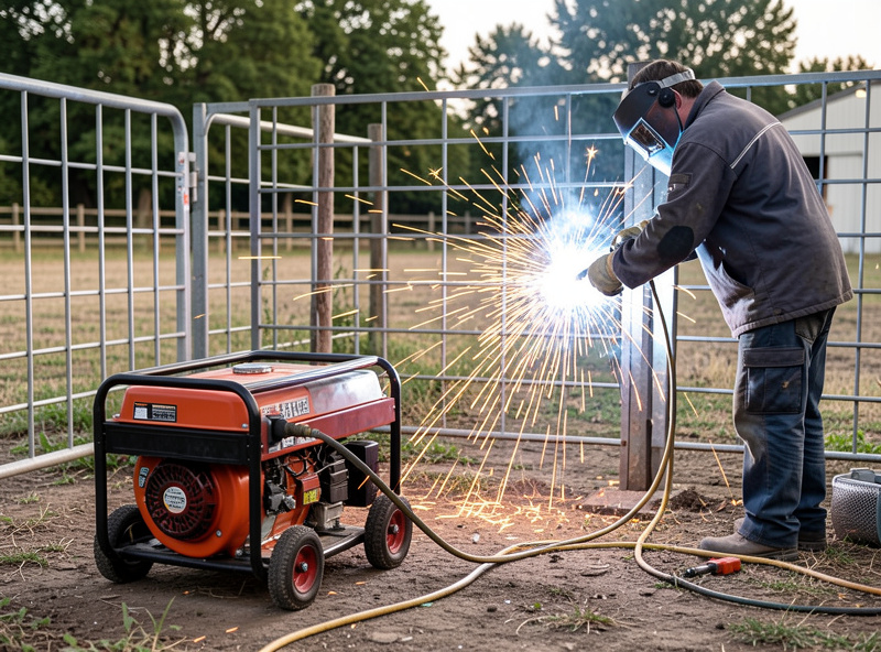 A welder plugged into a portable generator with a heavy cord, welding a metal fence outdoors