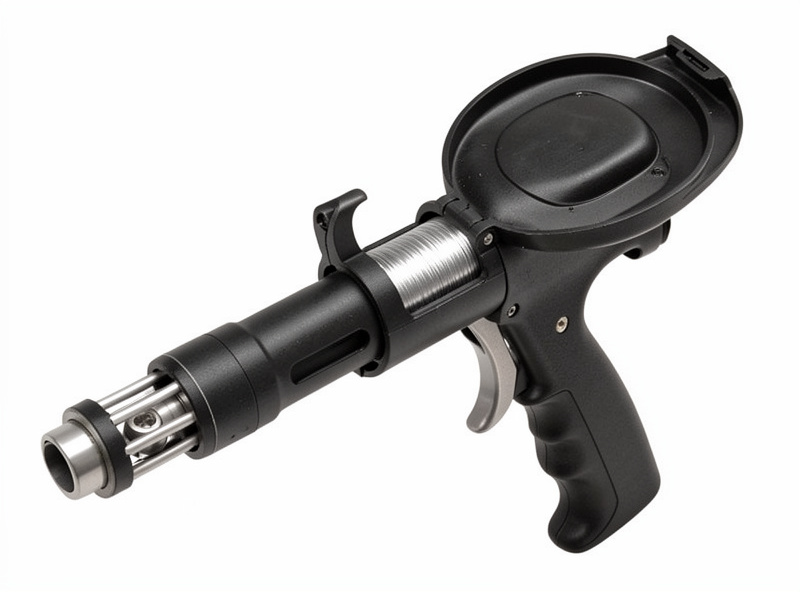 Close-up of a MIG spool gun with a small aluminum wire spool mounted inside the handle