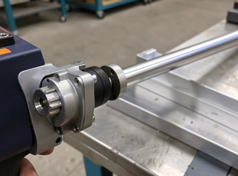 Close-up of a push-pull gun connection showing the synchronized drive motor and long liner