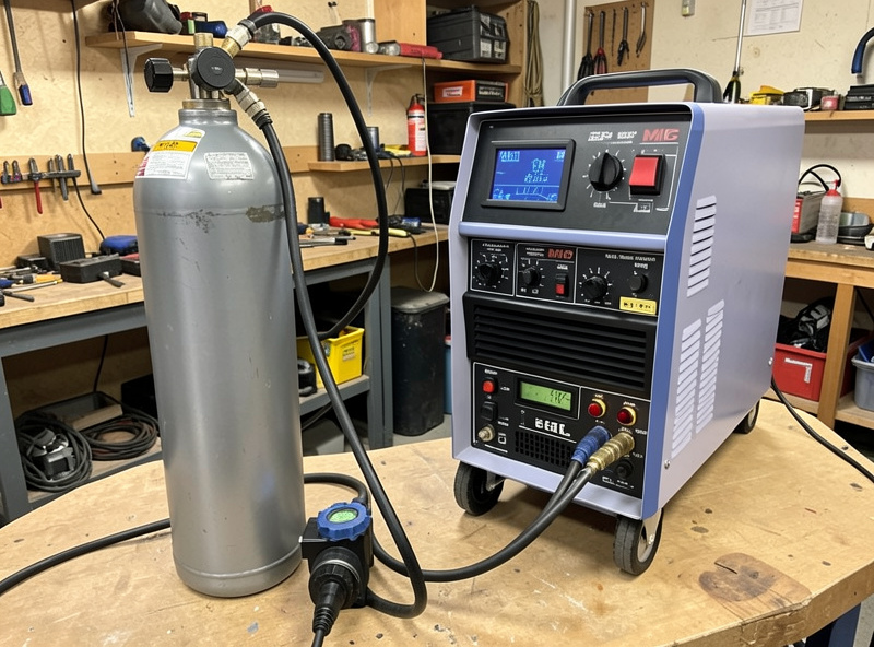 A shielding gas cylinder with a flow regulator set up beside a MIG welder in a home shop