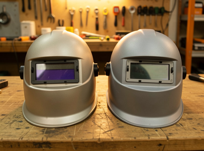 Two welding helmets side by side comparing a green lens and a true-color lens