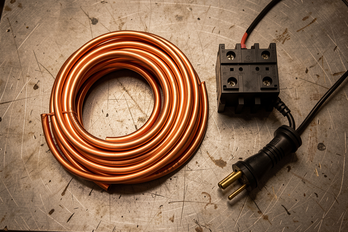 Coil of copper welding cable, a double-pole breaker, and a welder plug laid out on a steel workbench