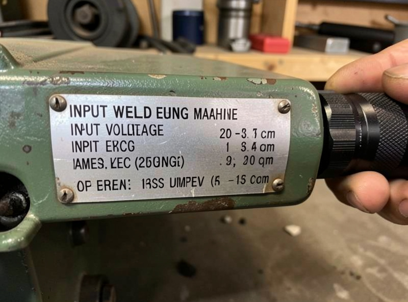 Close-up of a welder nameplate showing input voltage and amperage ratings under a flashlight