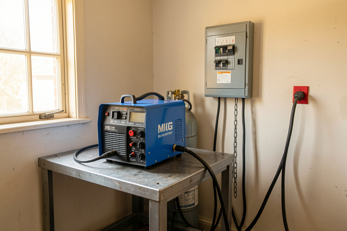 Home welding shop with MIG inverter, argon cylinder, and a 240-volt breaker panel feeding a red outlet