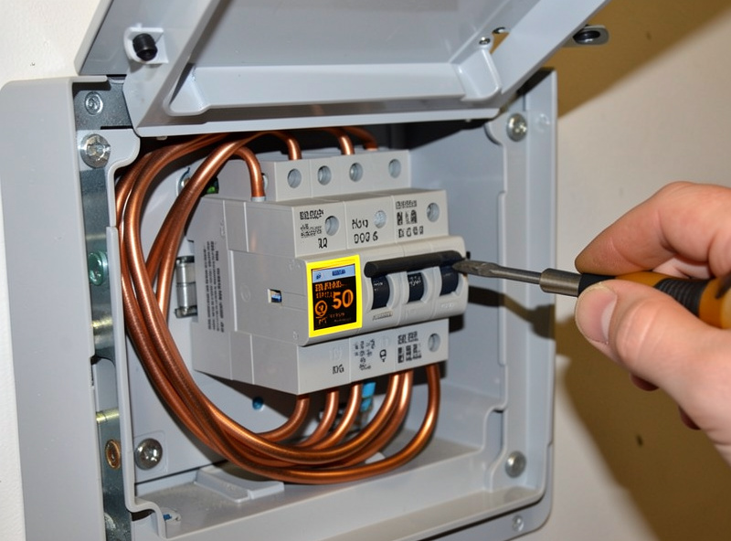 Open home breaker panel with a double-pole 50-amp breaker and thick copper wiring