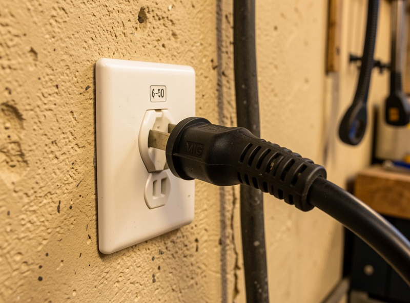 A welder power plug being inserted into a NEMA 6-50 240-volt garage outlet