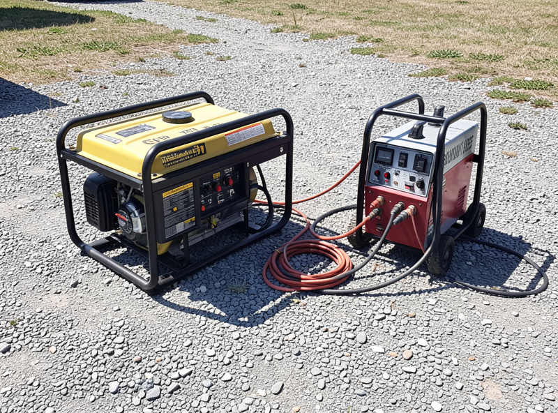 A portable inverter generator running outdoors beside a small welder with connecting cables
