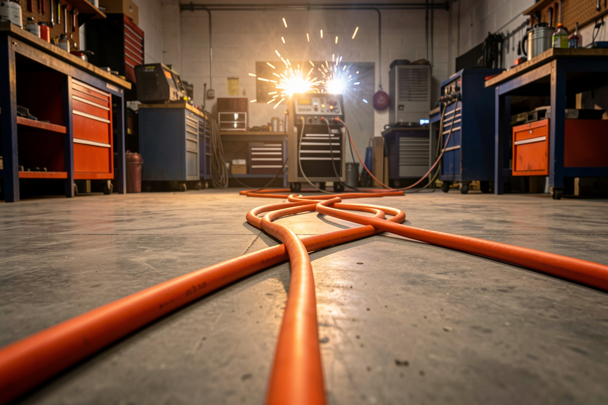 A long heavy-gauge extension cord running across a workshop floor to a welder