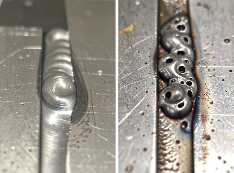 A clean even weld bead beside a stuttering porous bead on steel