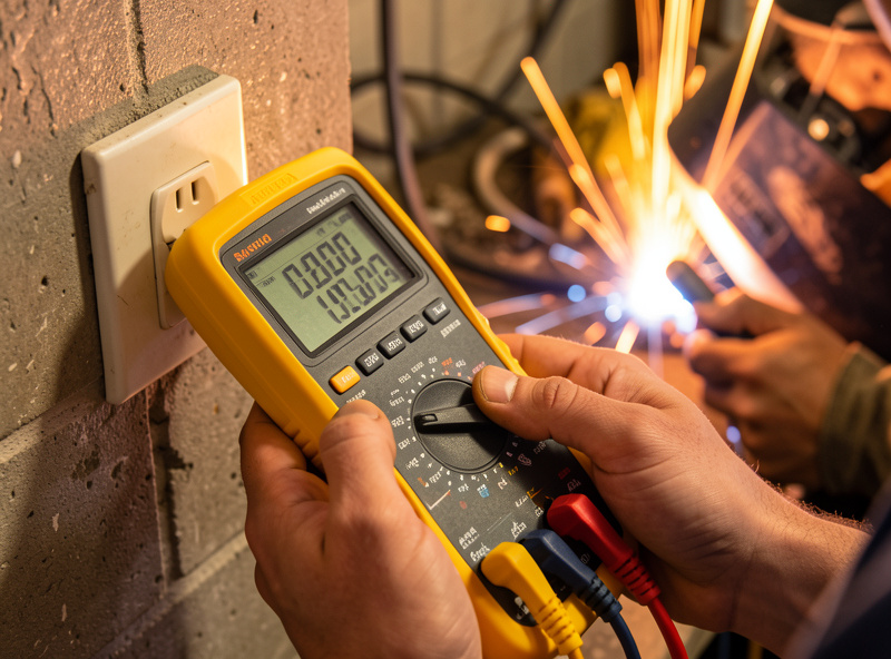 A person measuring voltage at a workshop outlet with a digital multimeter while a welder runs
