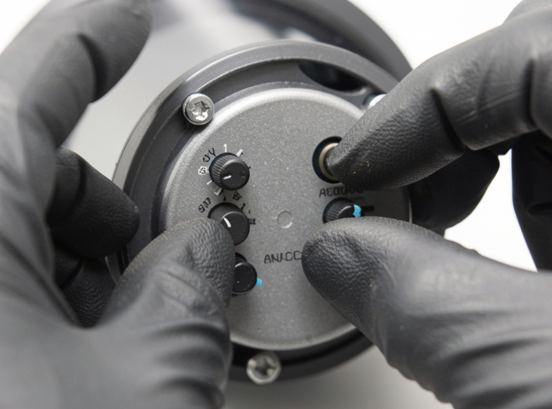 Close-up of the sensitivity and delay control knobs inside a welding helmet cartridge