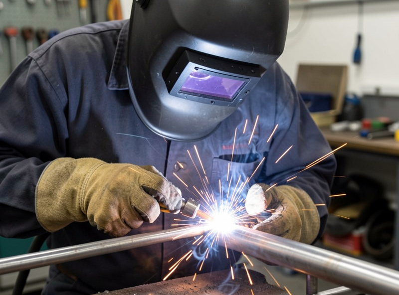 Welder dialing in helmet settings before starting a low-amperage TIG weld